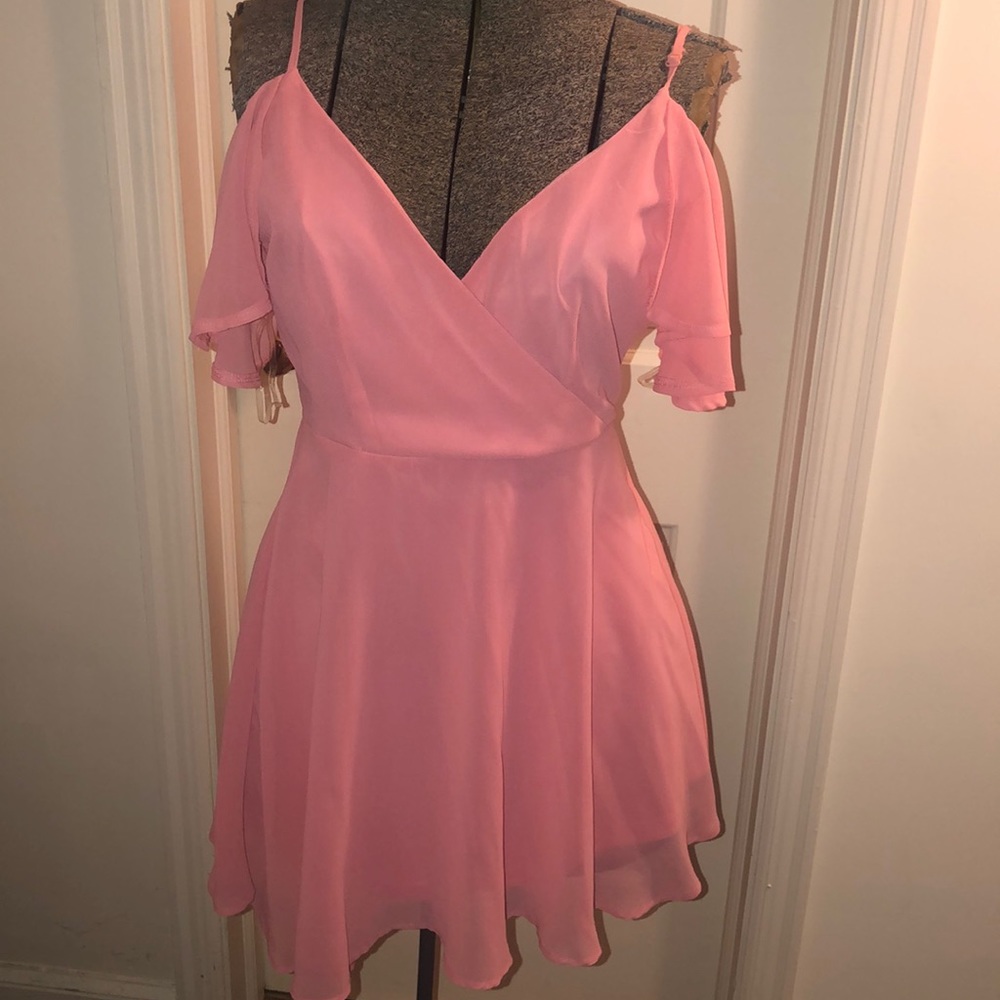 Pink off the shoulder, ruffle sleeve dress